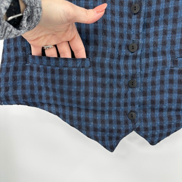 Flax Womens Blue Black Gingham Check Button Front Cropped Vest Small Indie Artsy - Picture 2 of 7